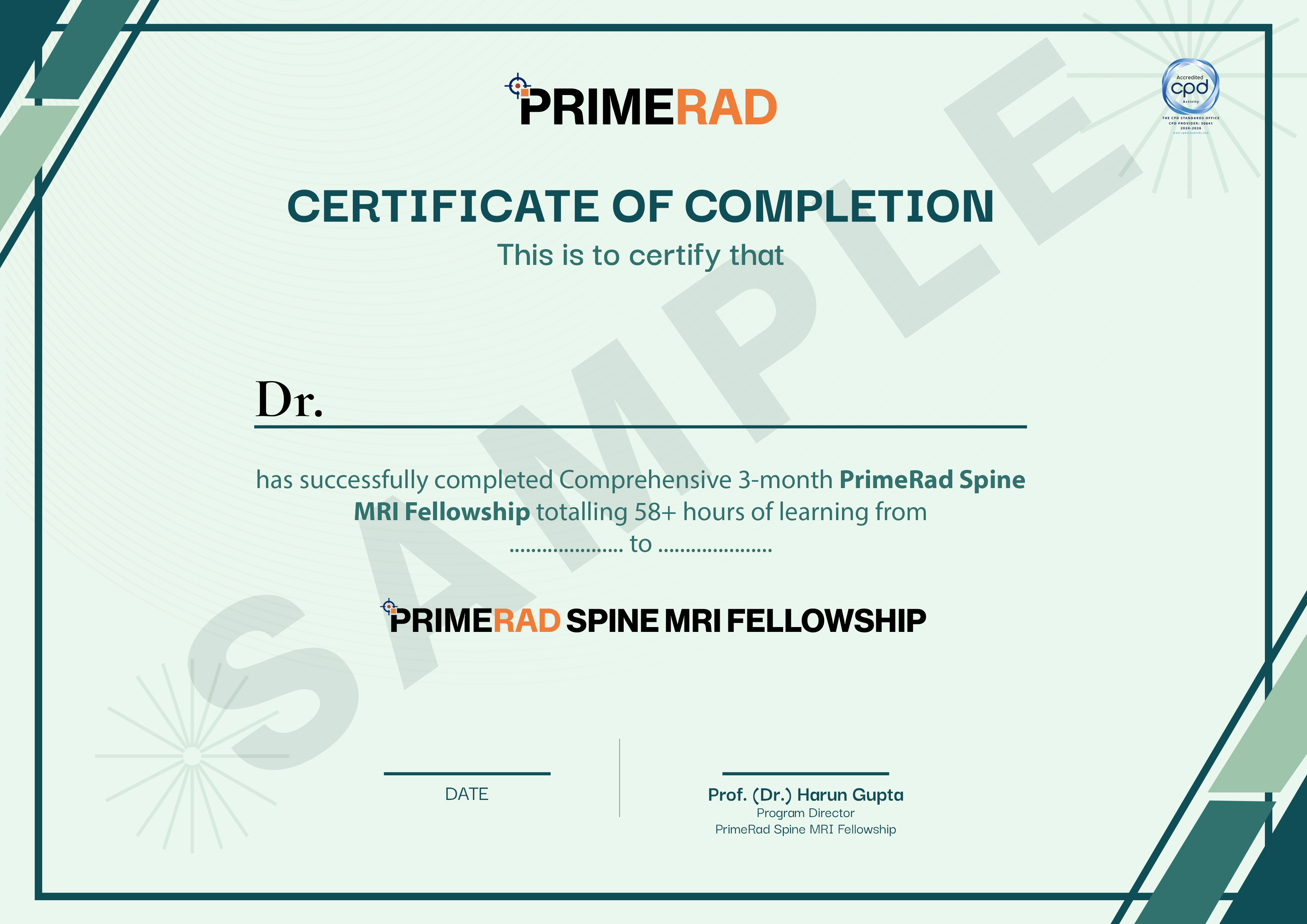 PrimeRad Academy Spine MRI Fellowship certificate sample